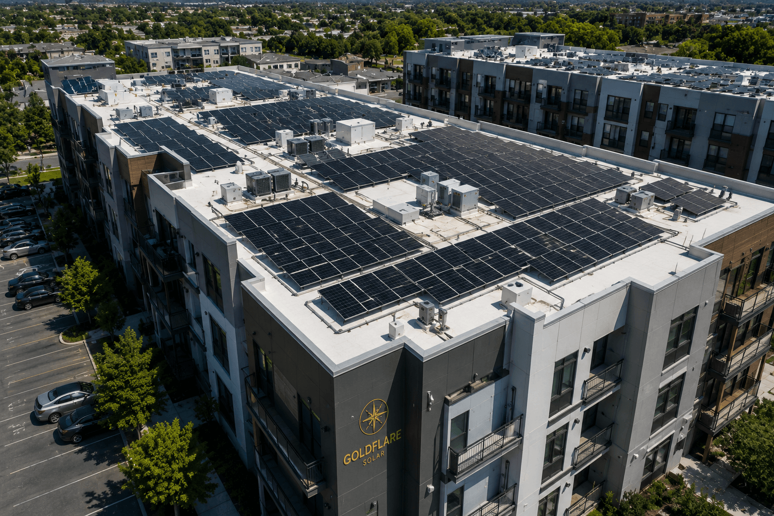 Multifamily apartment building with rooftop solar arrays