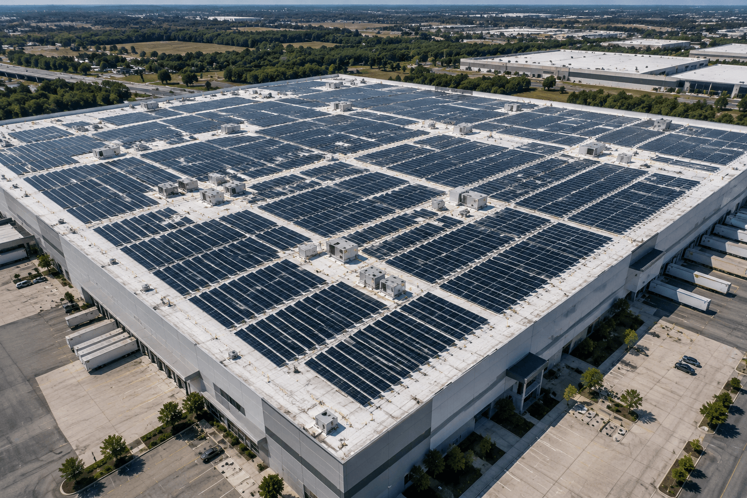 Aerial view of a large warehouse rooftop covered in solar panels