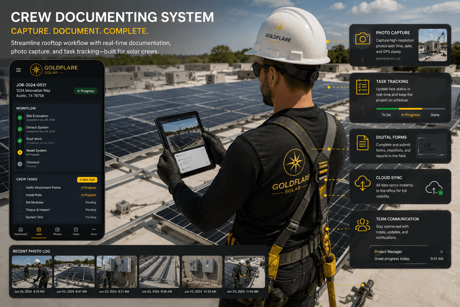 Field technician documenting a commercial solar project on a tablet from the rooftop