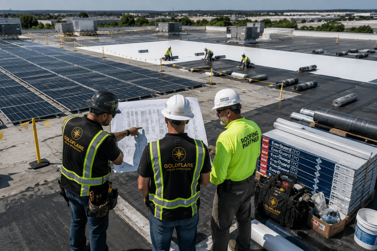 Solar and roofing partners coordinating over rooftop plans
