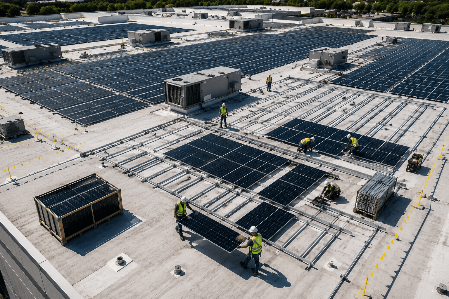 GoldFlare crew carrying and resetting solar panels on a commercial rooftop